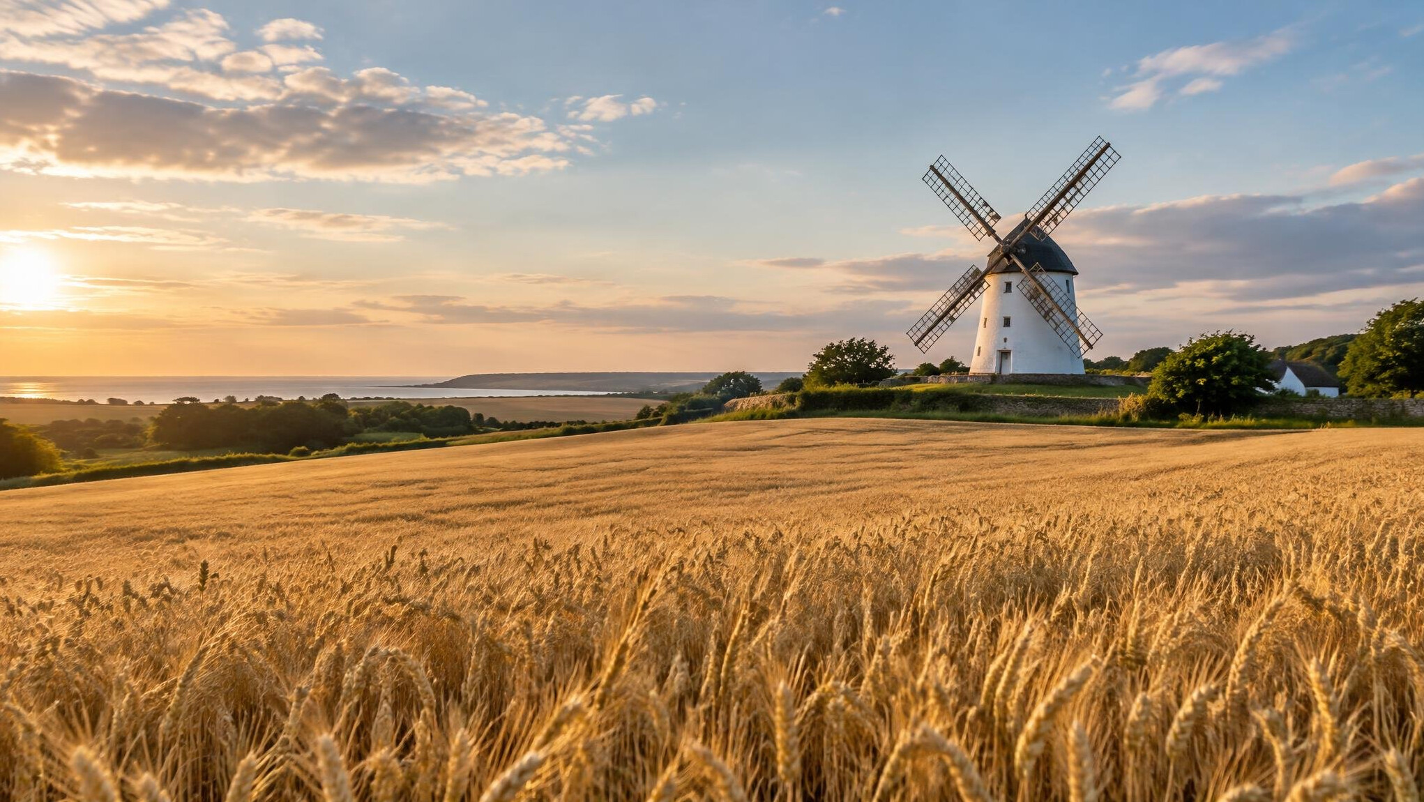 Golden wheat field with a traditional windmill in the Danish countryside
