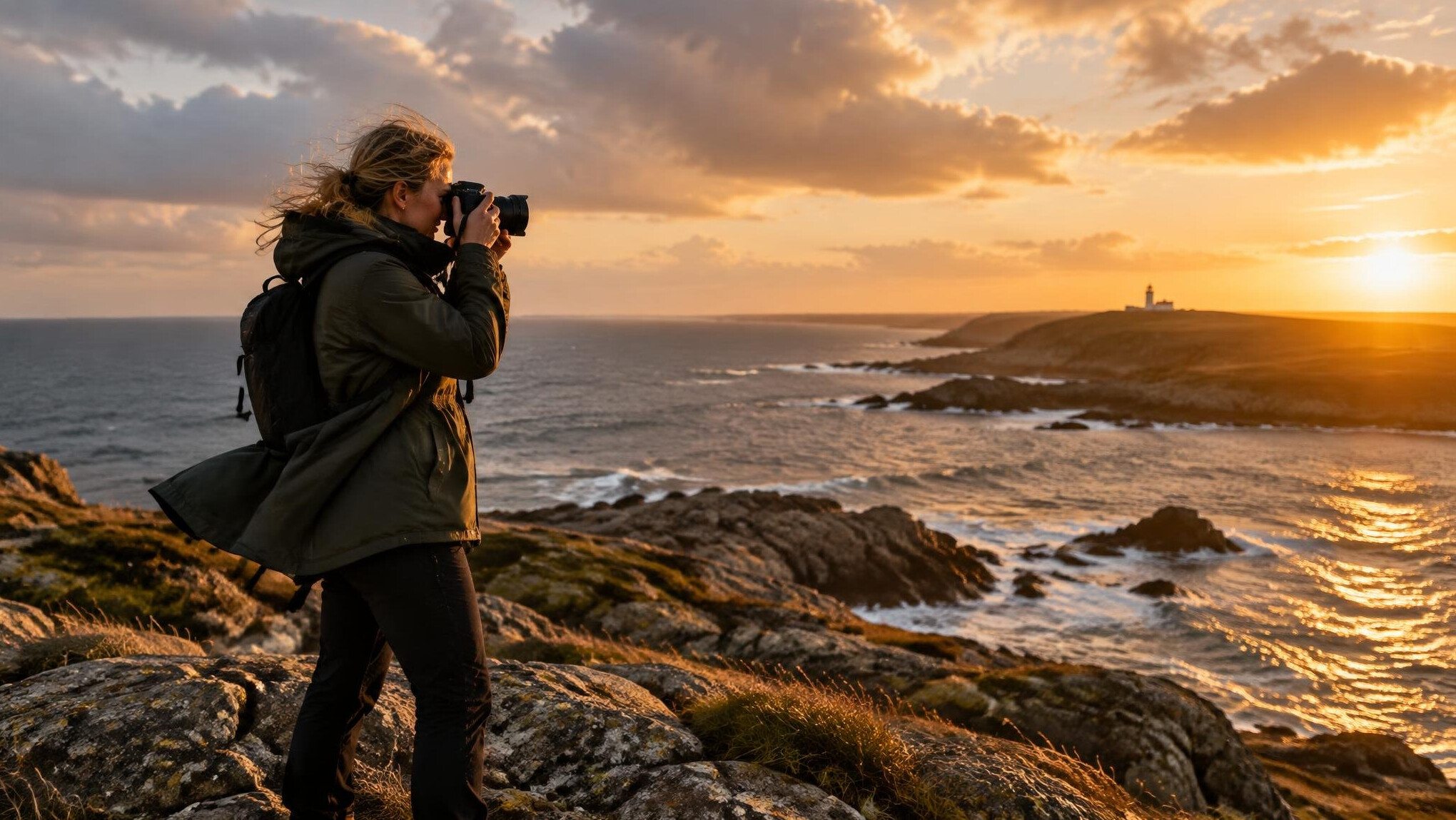 Photographer standing on a rocky Danish coastline holding a camera at sunset