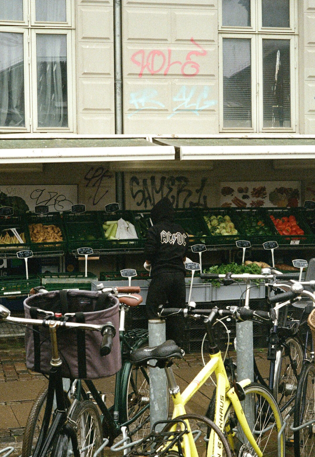 Candid portrait of a Danish market vendor arranging produce